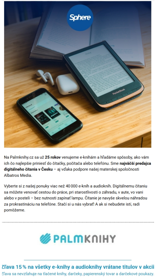 Zľava 15 % na Palmknihy.cz na všetky e-knihy a audioknihy vrátane titulov v akcii